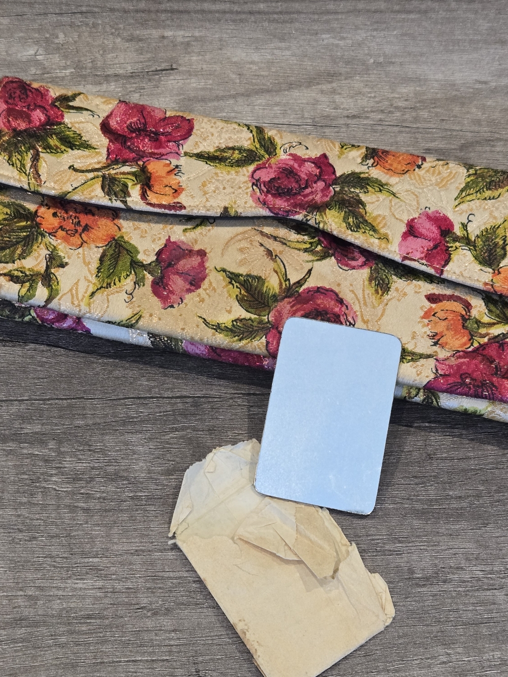 50's Vintage Carpet Style Clutch Envelope Flap W Vintage Mirror In Wax Sleeve